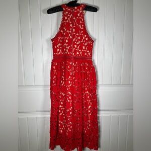 Gianni Bini Dress Sz 6 Red Lace Illusion Floral Nude Dress Date Night Halter